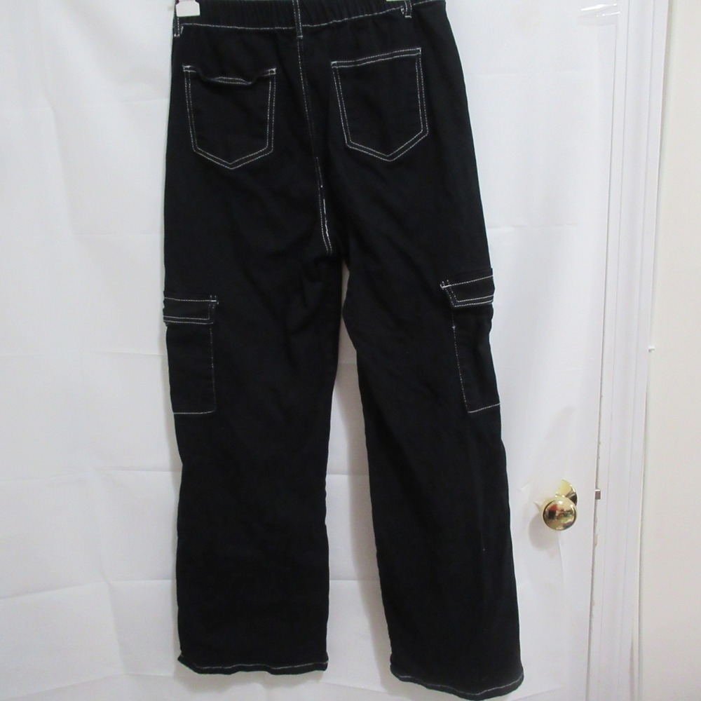 Honey Peach Cargo Pants Womens L Black wide leg Contrast Stitch Utility Street - Picture 5 of 5